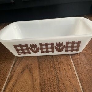 Vintage Milk Glass Tulip Baking Dish with Brown Pattern